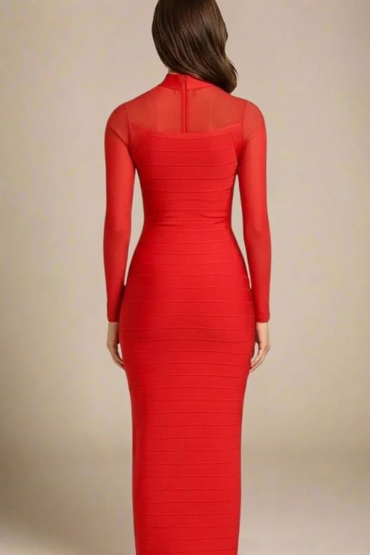 Woman wearing a figure flattering  Robin Long Sleeve Bandage Maxi Dress - Lipstick Red BODYCON COLLECTION Pty Ltd