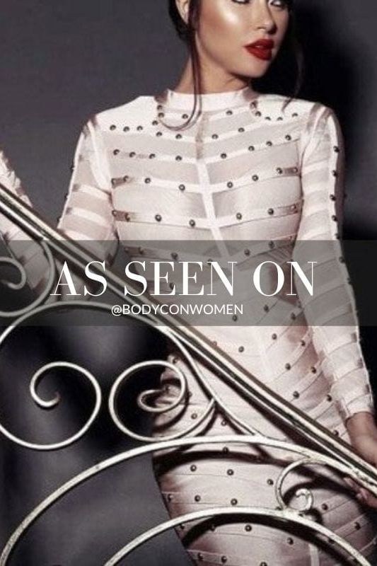 Woman wearing a figure flattering  Rosa Long Sleeve Bodycon Dress - Cream BODYCON COLLECTION