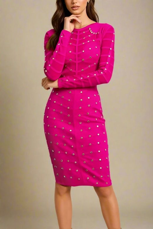 Woman wearing a figure flattering  Rosa Long Sleeve Bodycon Dress - Neon Purple BODYCON COLLECTION