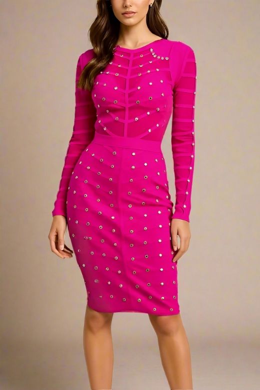 Woman wearing a figure flattering  Rosa Long Sleeve Bodycon Dress - Neon Purple BODYCON COLLECTION