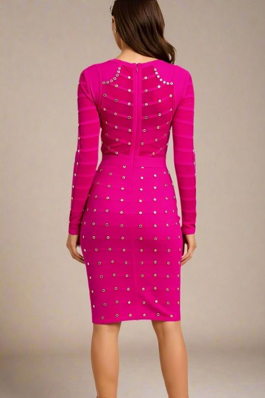 Woman wearing a figure flattering  Rosa Long Sleeve Bodycon Dress - Neon Purple BODYCON COLLECTION