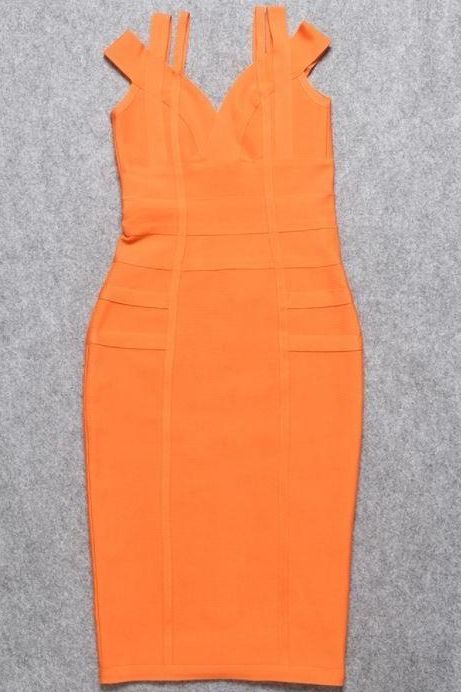 Woman wearing a figure flattering  Sia Bandage Dress - Apricot Orange Bodycon Collection
