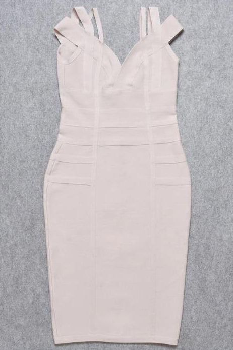 Woman wearing a figure flattering  Sia Bandage Dress - Cream Bodycon Collection