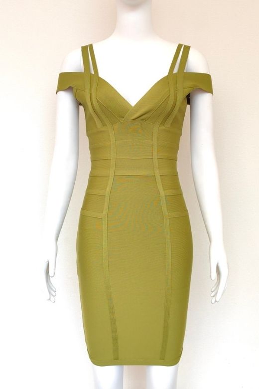 Woman wearing a figure flattering  Sia Bandage Dress - Olive Green Bodycon Collection
