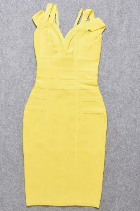 Woman wearing a figure flattering  Sia Bandage Dress - Sun Yellow Bodycon Collection