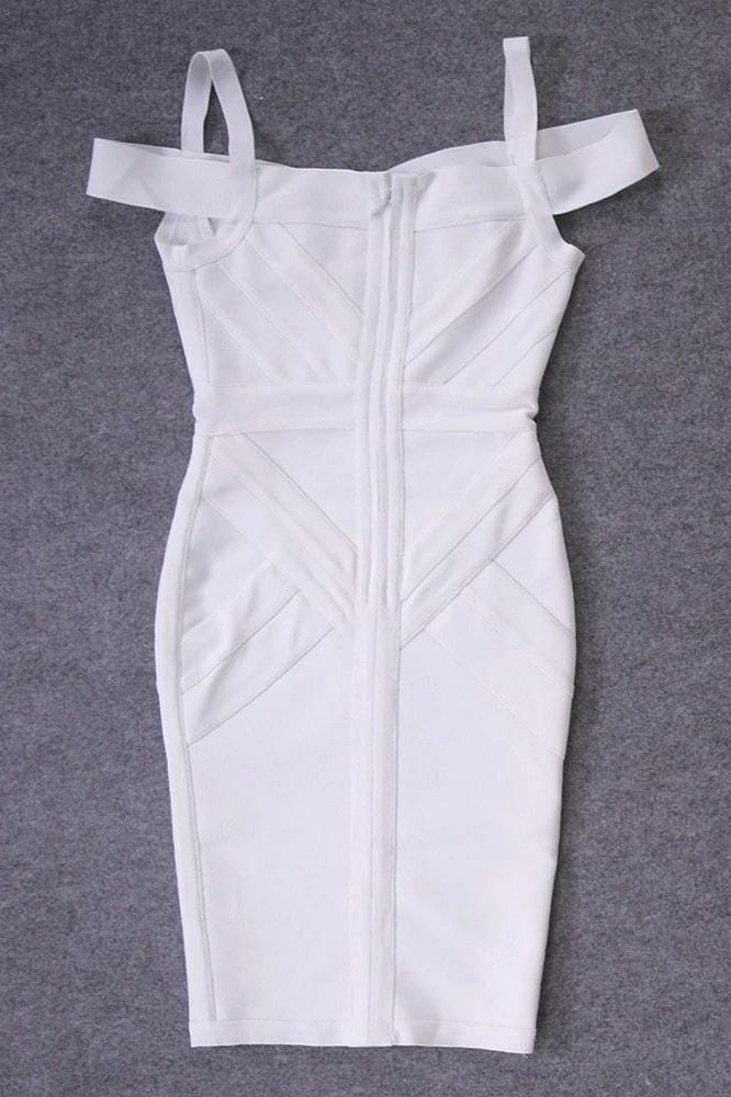Woman wearing a figure flattering  Sophia Bandage Dress - Pearl White Bodycon Collection