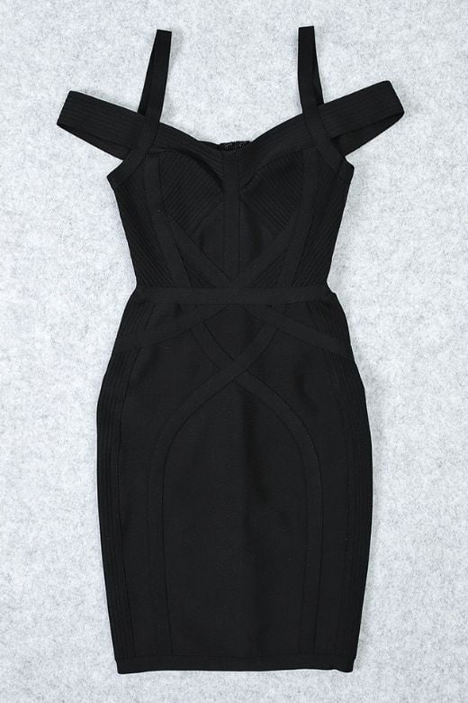 Woman wearing a figure flattering  Sophia Bandage Mini Dress - Classic Black Bodycon Collection