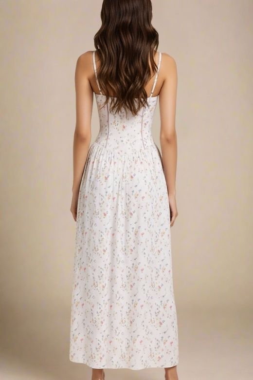 Woman wearing a figure flattering  Tasmin Midi Dress - White Print BODYCON COLLECTION