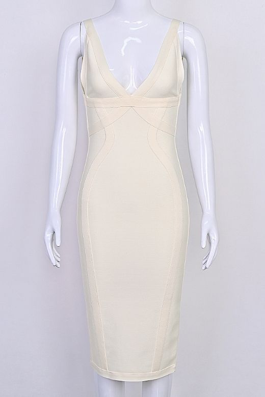 Woman wearing a figure flattering  Tyra Bandage Midi Dress - Cream BODYCON COLLECTION Pty Ltd