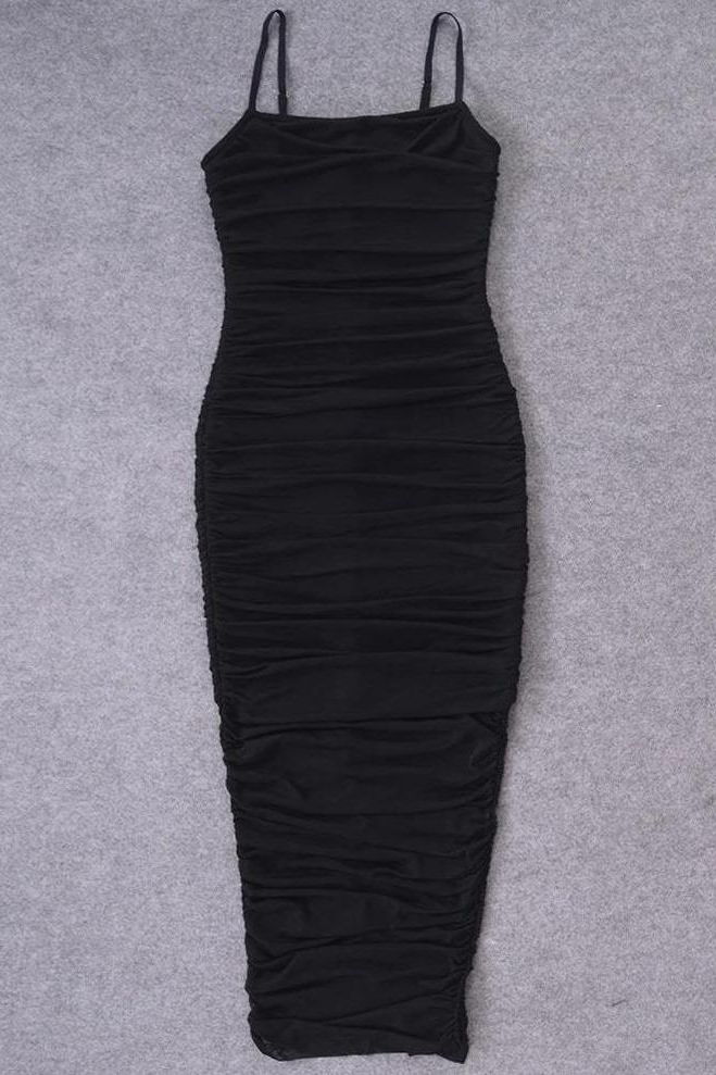 Woman wearing a figure flattering  Zoe Bodycon Wrap Maxi Dress - Classic Black Bodycon Collection